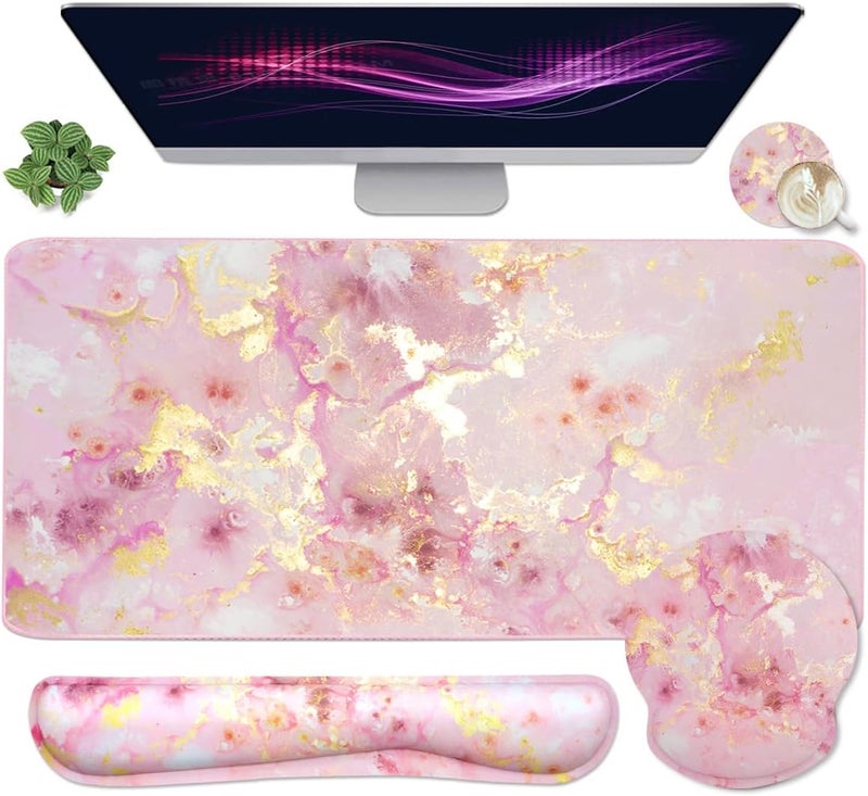 Yunoble 4-in-1 Gaming Mouse Pad Wrist Support Set，Desk Pad + Mouse Pad with Wrist Rest + Keyboard Wrist Rest + Coaster, Ergonomic Design for Home Office Study Game - Pink - Image 1